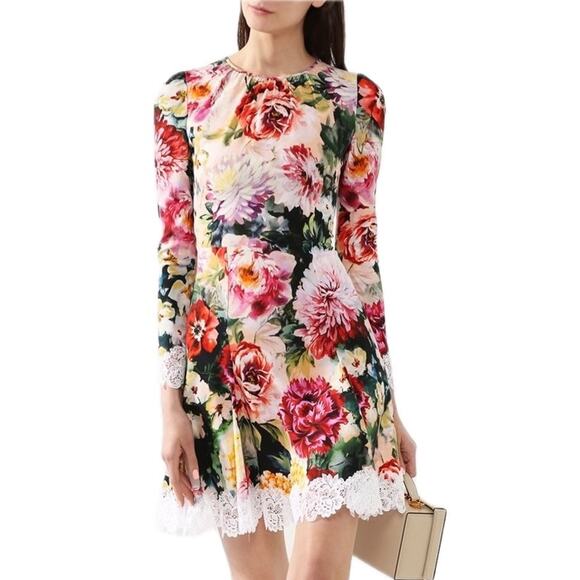 NWT Dolce & Gabbana Lace Trimmed Floral Crepe Mini Dress Multi IT 42 / M - Picture 1 of 11
